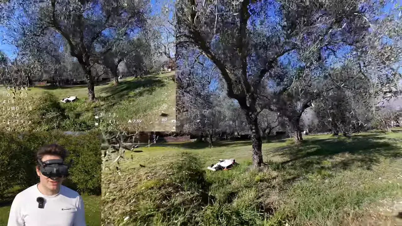 Wide-angle FPV view outdoors with DJI O4 Lite HUD showing the Oxbot Lumo18 flying past trees and grass