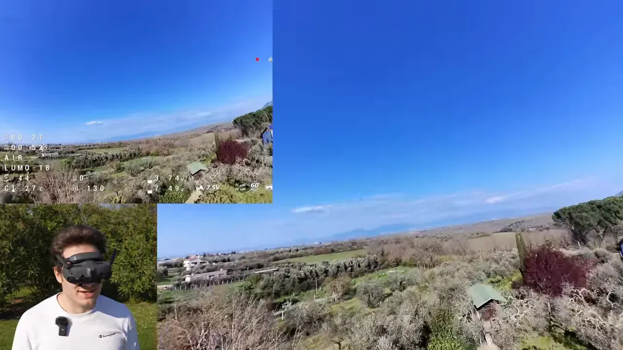 DJI O4 Lite FPV screenshot of the Oxbot Lumo18 in windy outdoor flight with on-screen HUD