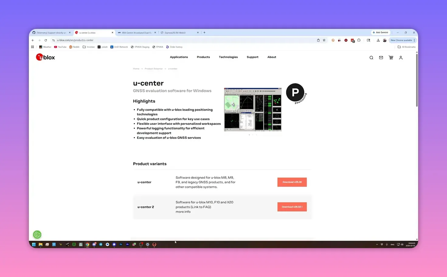 u-center and u-center 2 product page from u-blox website showing software downloads for GNSS configuration