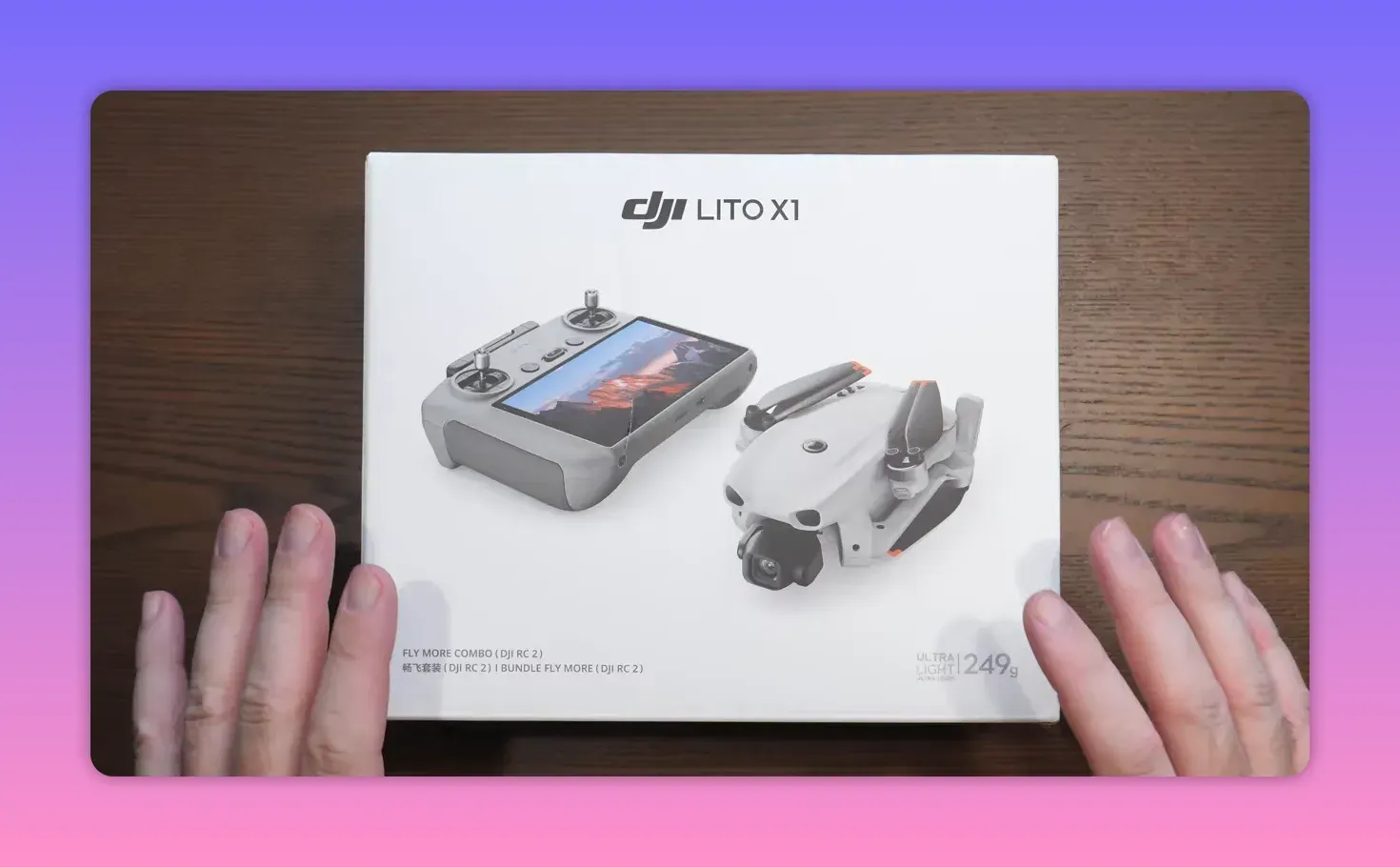 DJI Lito X1 Fly More Combo with DJI RC2 box showing the drone, controller, and sub-250g branding