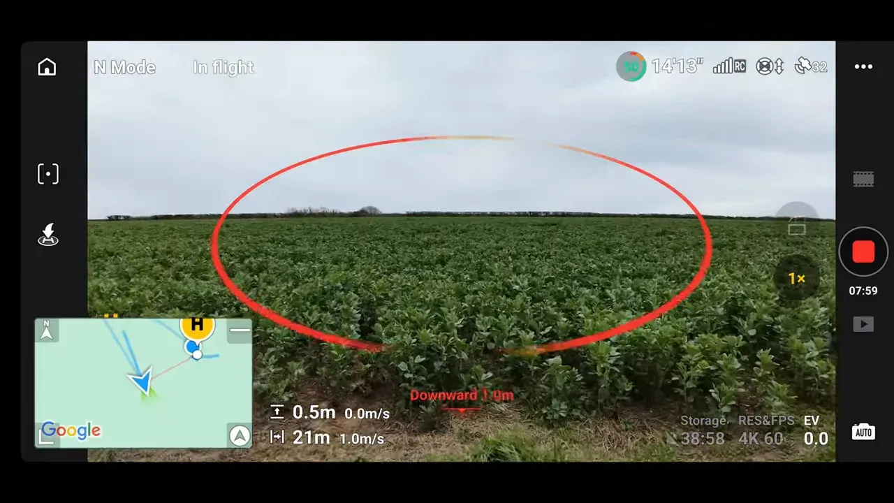 DJI Lito 1 Fly app obstacle sensing view with red warning arc over a field of crops