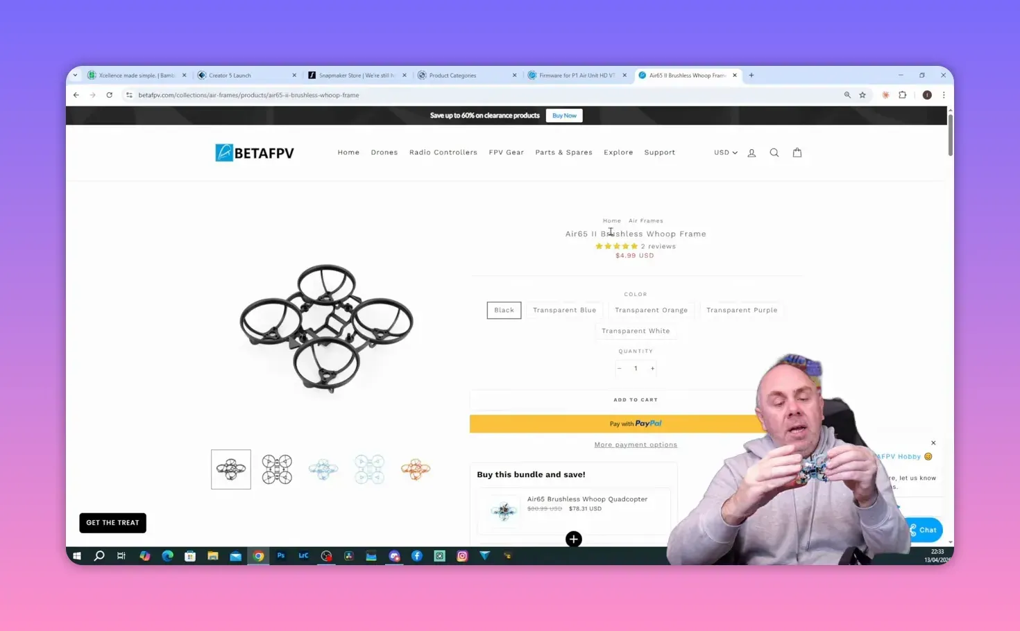 BetaFPV Air65 II brushless whoop replacement frame product page showing $4.99 price and color options