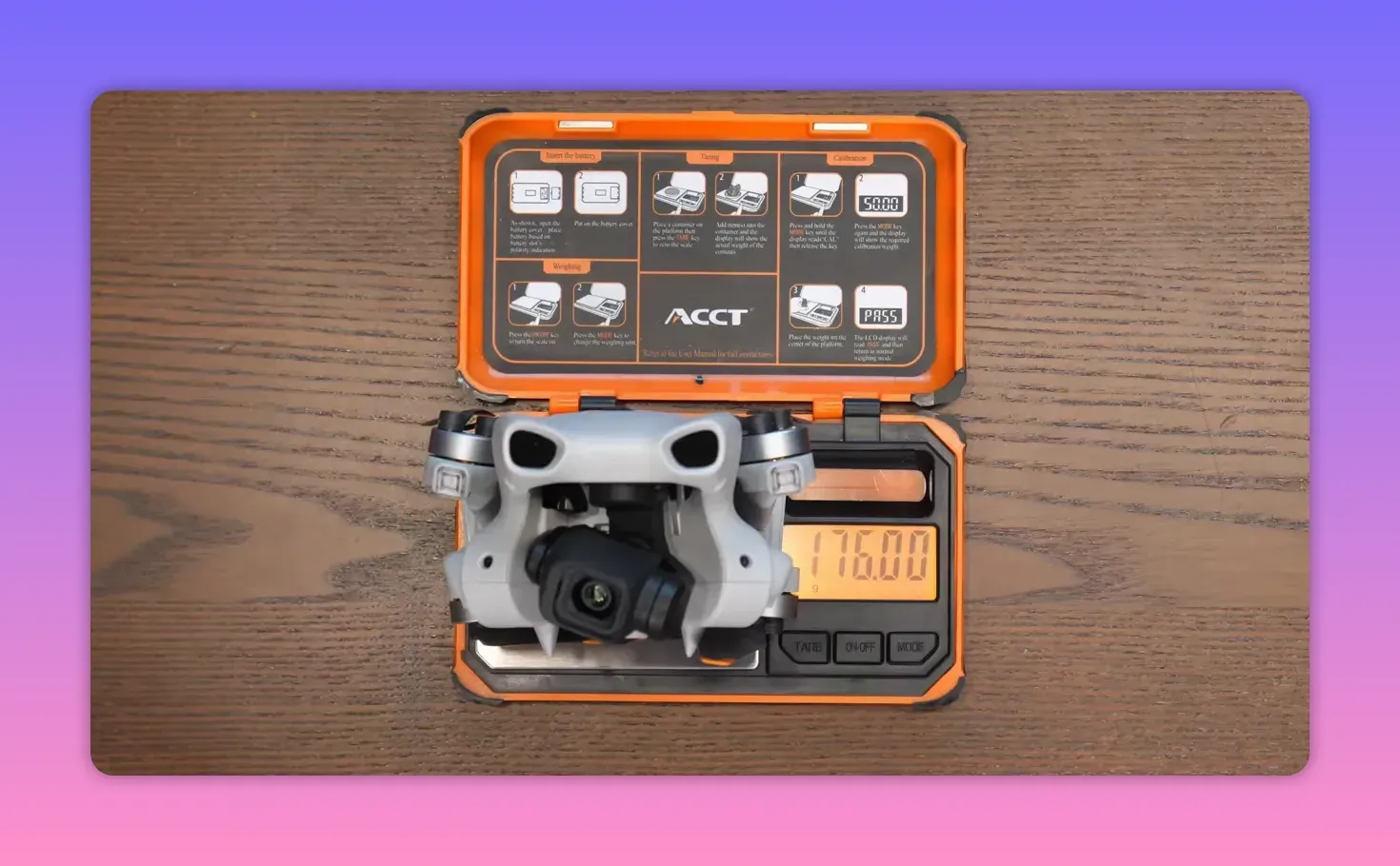 DJI Lito X1 battery being weighed in an orange measurement case with digital readout