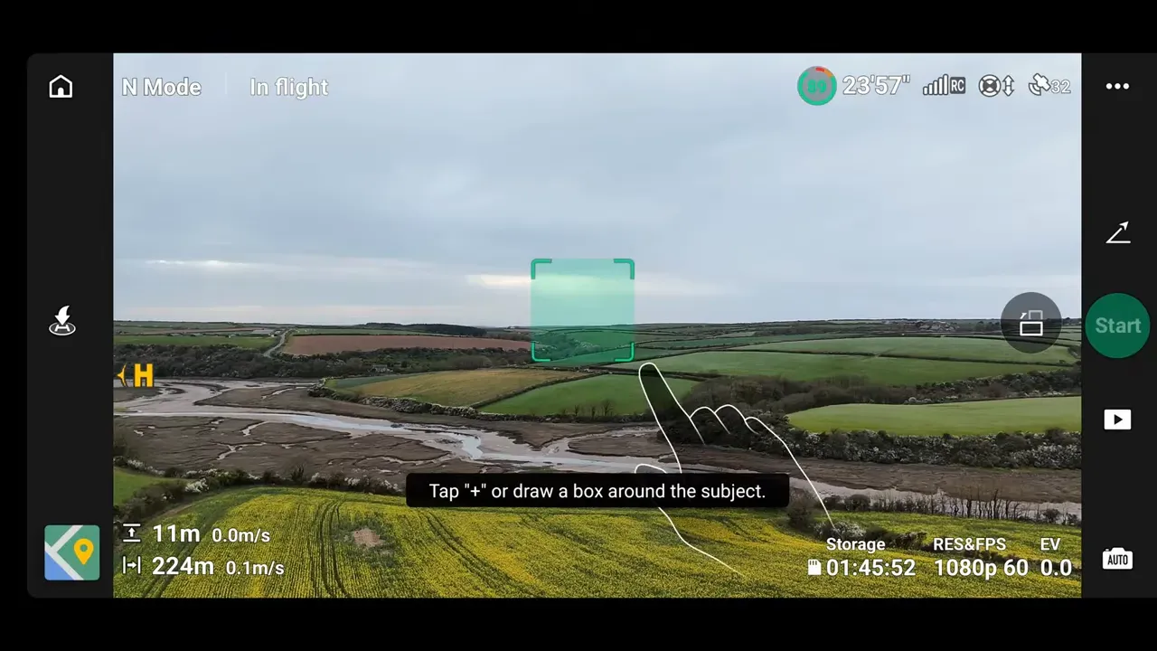 DJI Lito 1 app view showing fixed-focus gimbal with horizontal camera orientation during flight