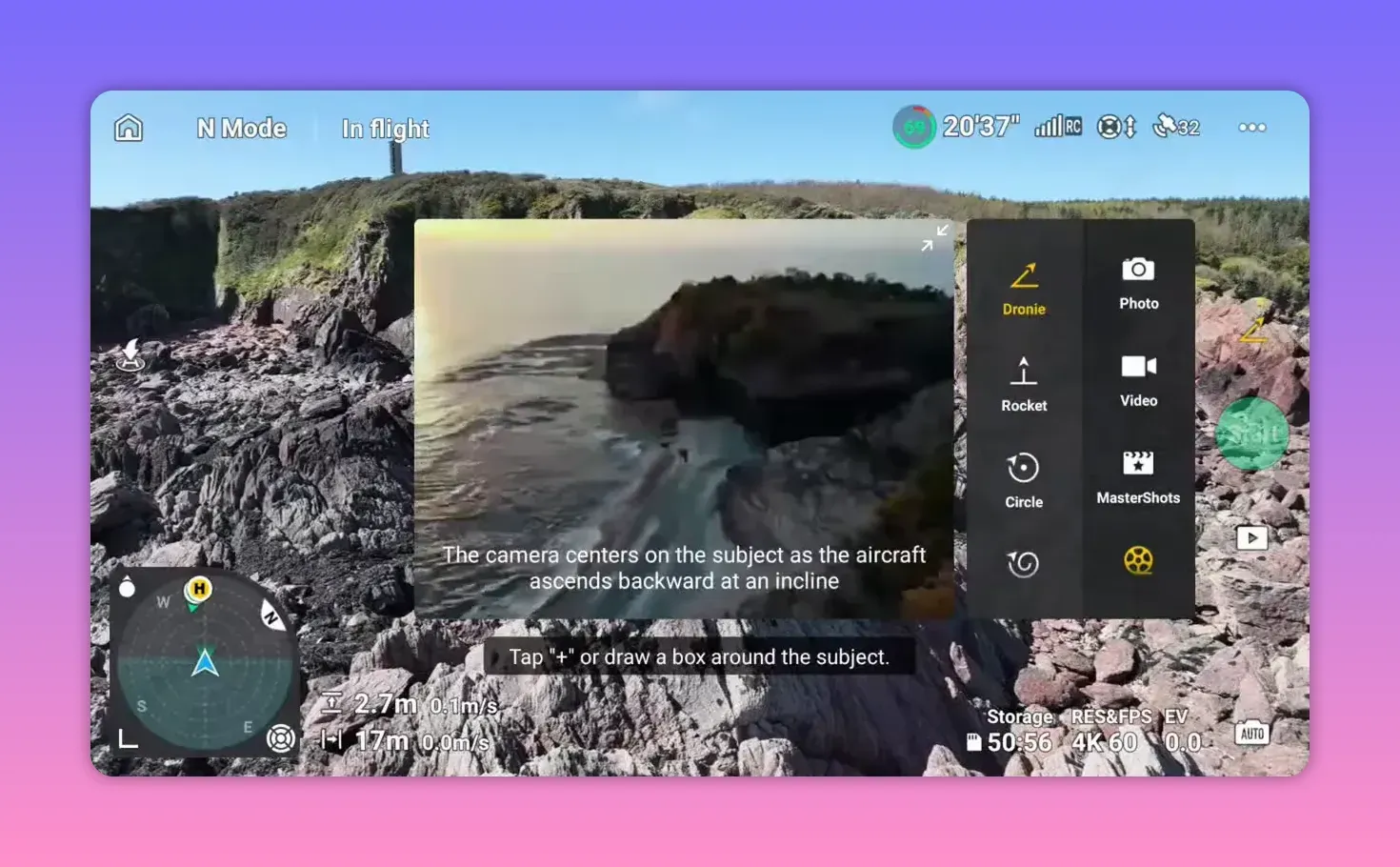DJI RC2 controller live view showing subject-centred framing during flight with camera mode menu