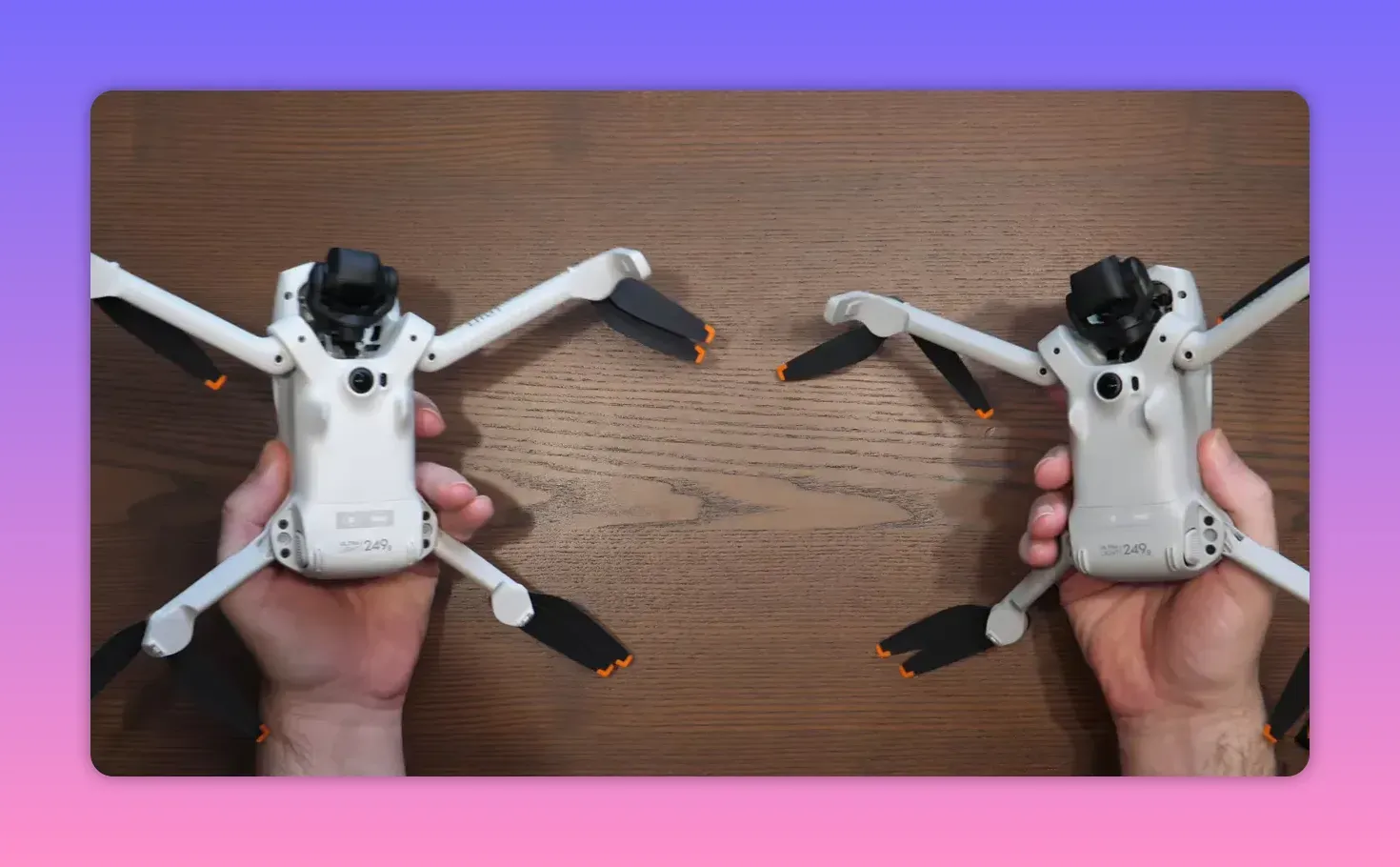 DJI Lito X1 and Lito 1 held side by side from above showing front camera/gimbal modules