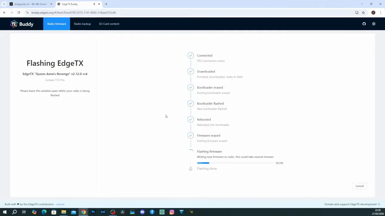 EdgeTX Buddy flashing page showing DFU connection and progress for Jumper T15 Pro