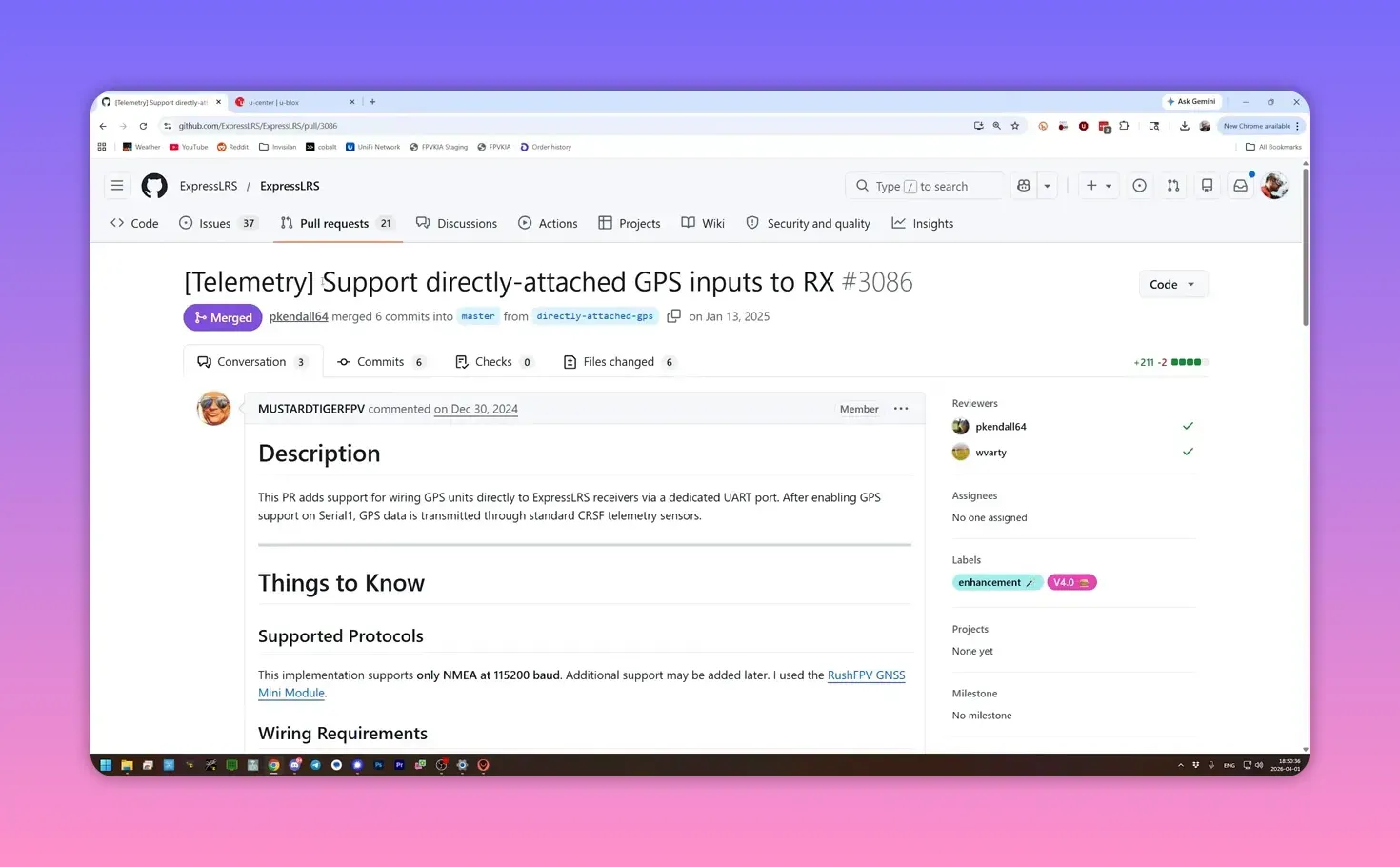 Screenshot of the ExpressLRS pull request page showing support for directly attached GPS inputs to RX (UART-based telemetry).