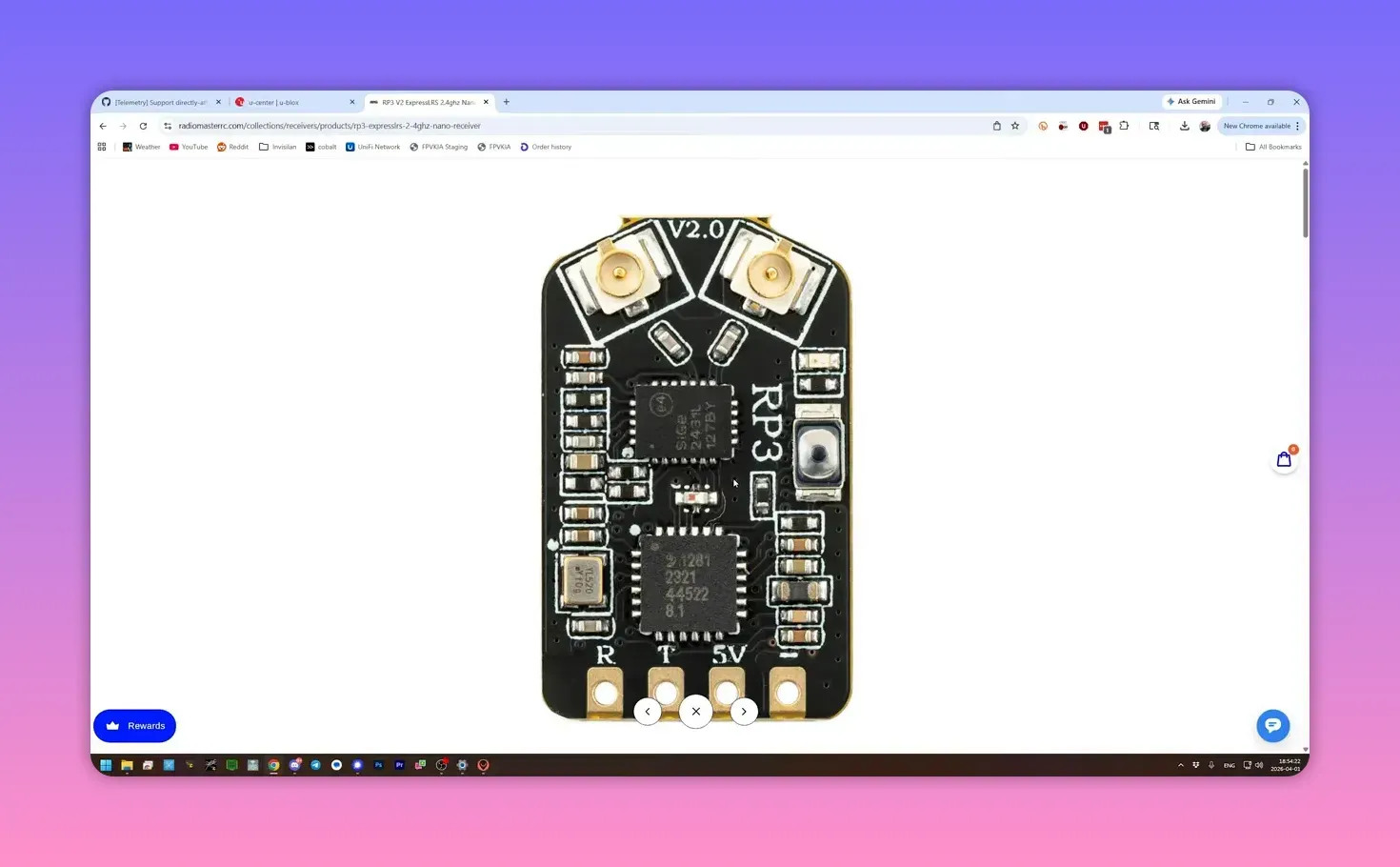 Close-up of an ExpressLRS receiver circuit board displayed in a web browser