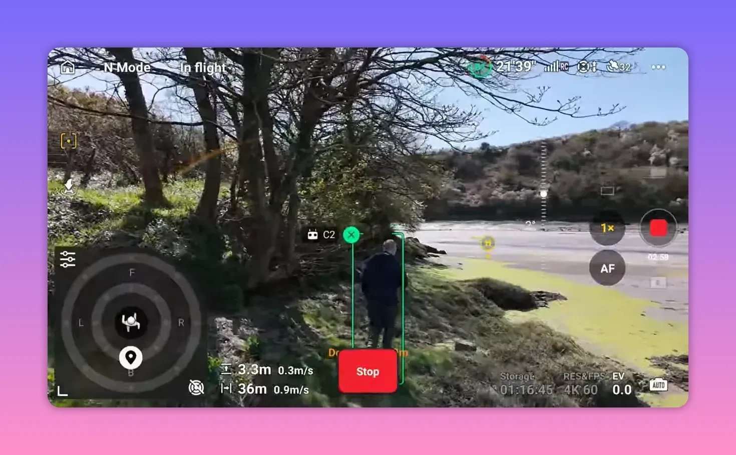 DJI Lito X1 controller live view showing obstacle sensing subject box and stop response near trees