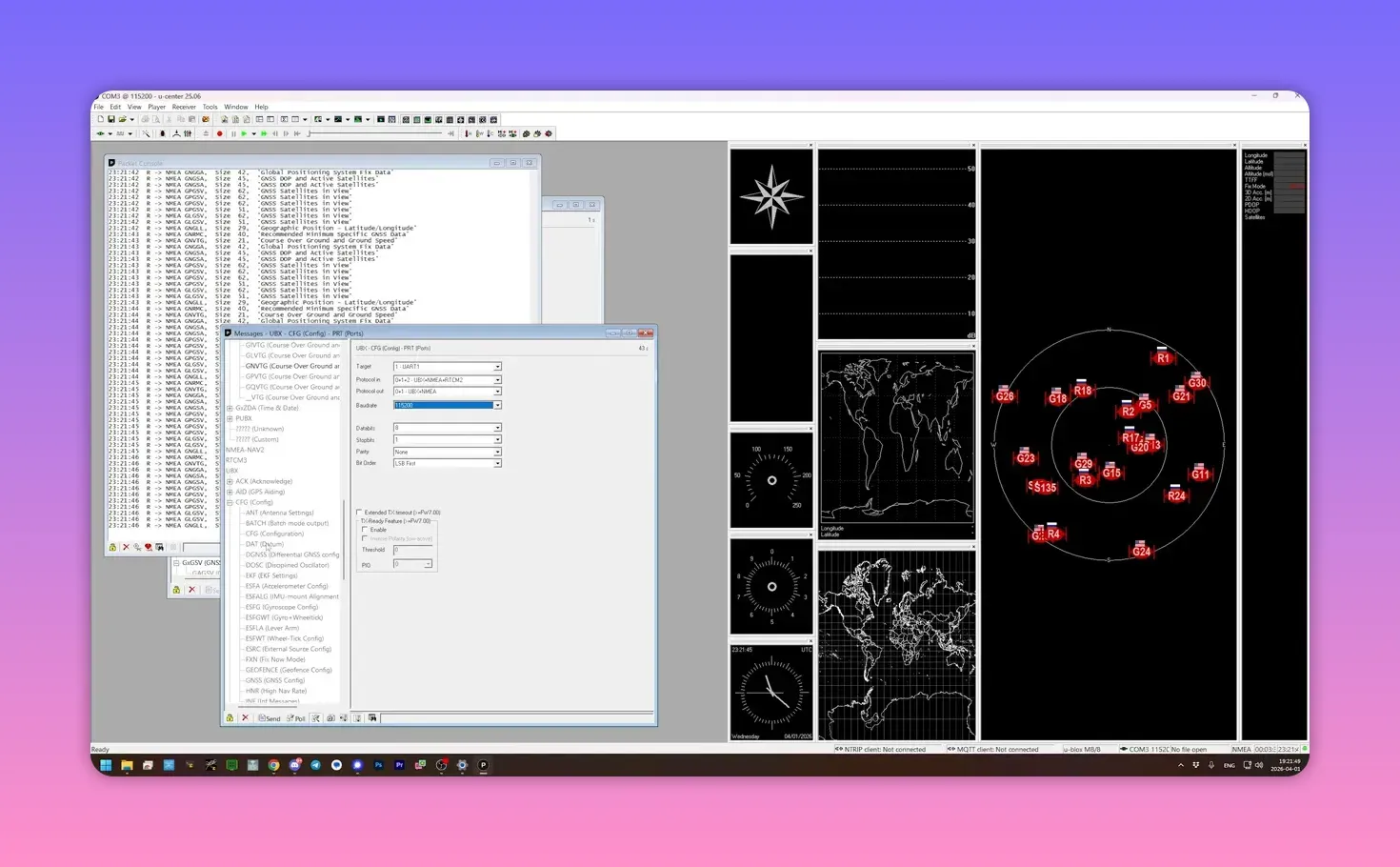 u-center 2 console showing GPS messages streaming along with satellite and map views after setting baud rate