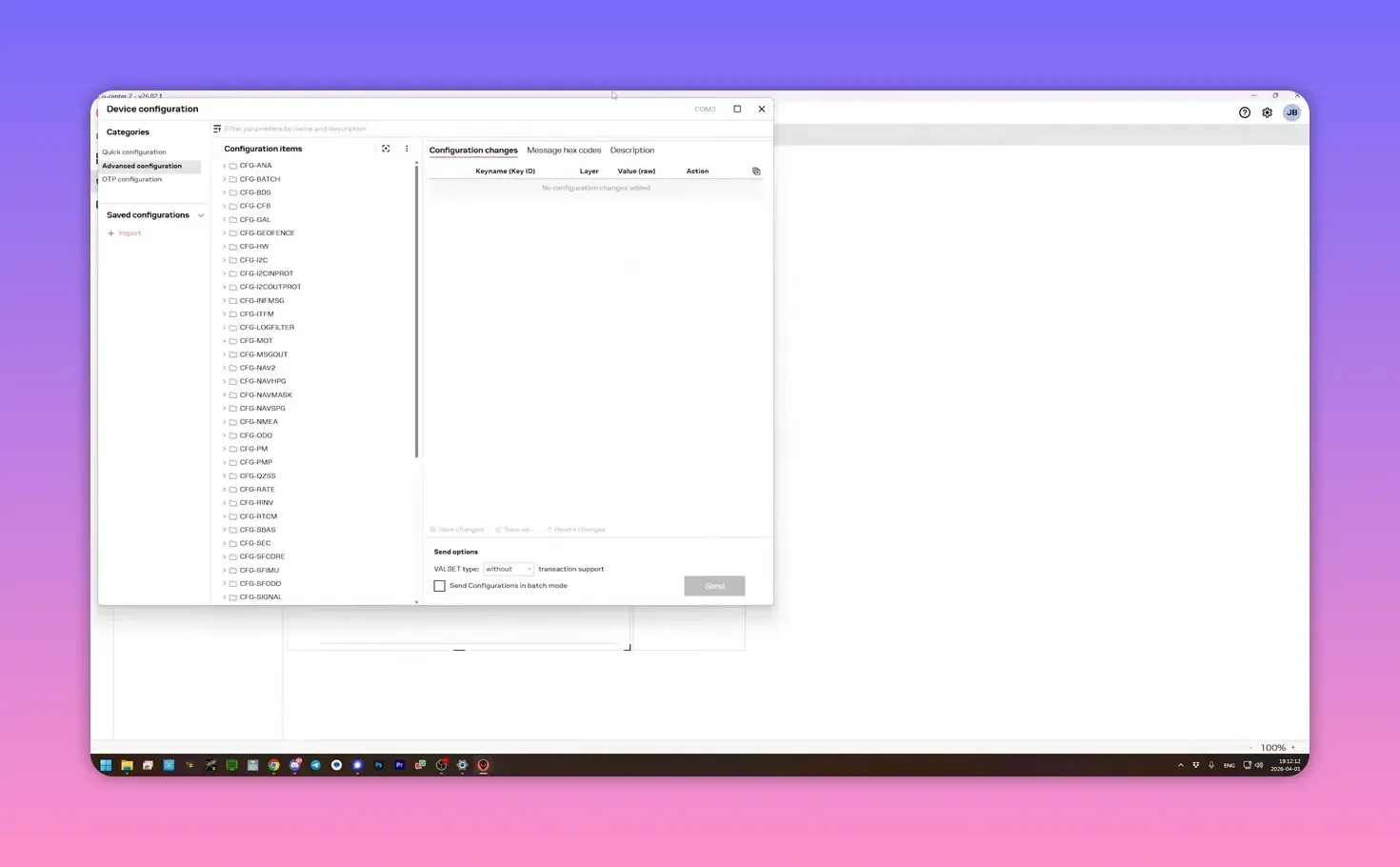 u-center device configuration window showing configuration changes and send controls