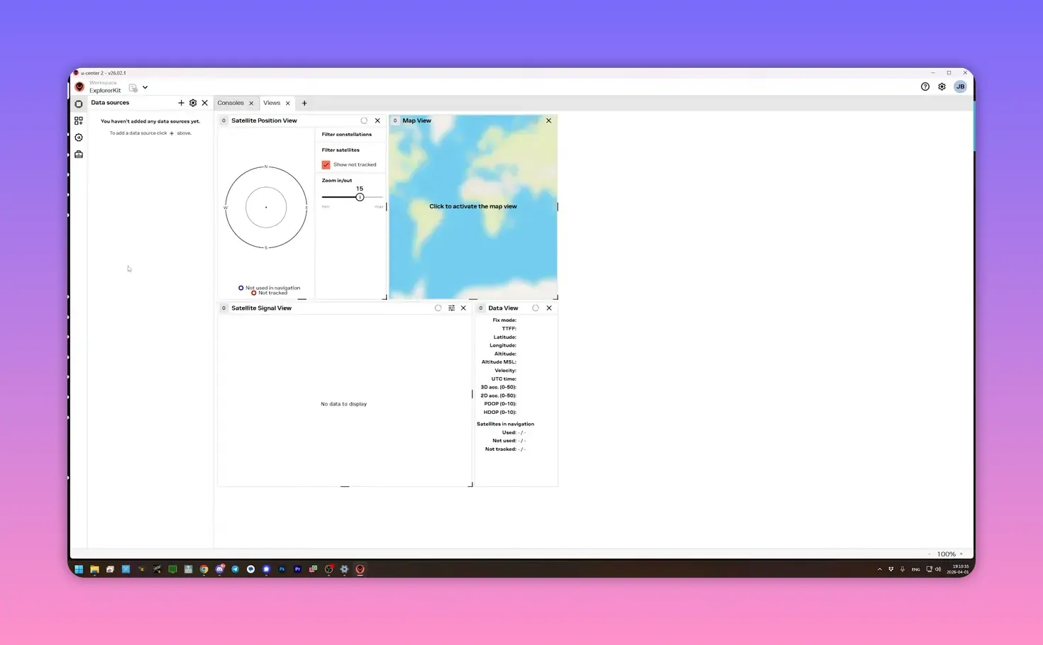 u-center 2 showing satellite position and map view while receiving GPS data