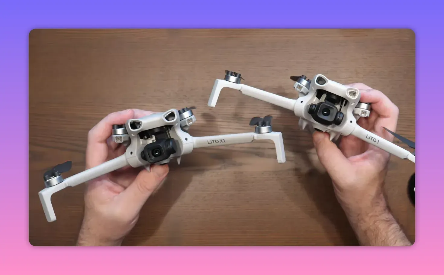 DJI Lito X1 and Lito 1 drones held side-by-side with front modules visible