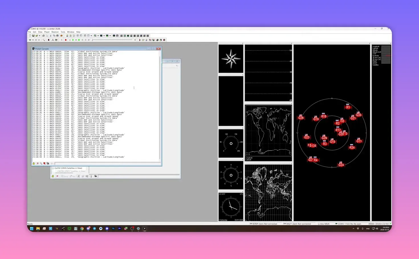 u-center packet console showing NMEA GPS data messages streaming