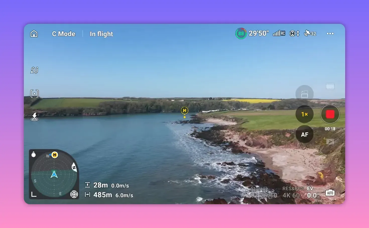 DJI Lito X1 live controller view over a coastline in C mode