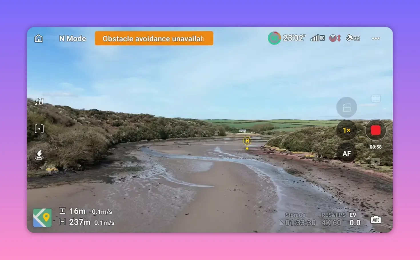 DJI RC2 live view showing obstacle avoidance unavailable over a beach scene in N Mode