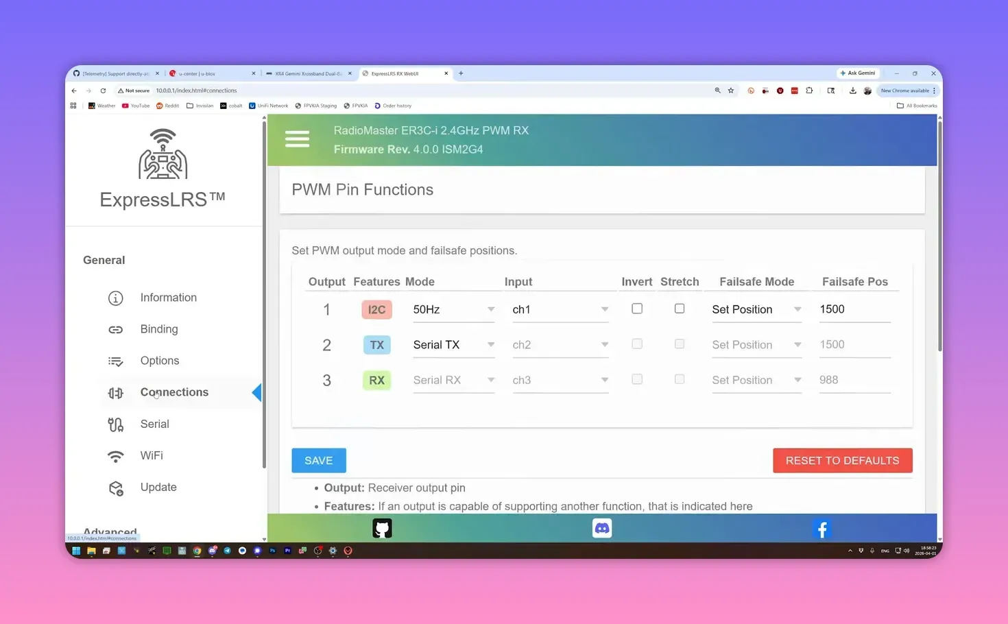ExpressLRS web interface showing PWM pin functions where one output is set to Serial TX and the paired input becomes Serial RX
