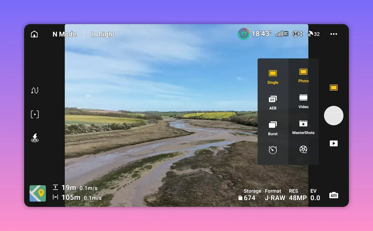 DJI RC2 live view during flight showing MasterShots smart shot menu options