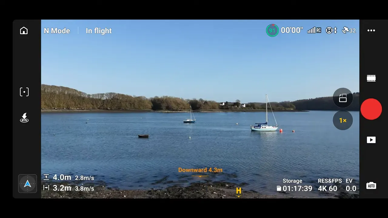 DJI Lito 1 Fly app screen showing N-Mode downwards distance and telemetry near a lakeshore
