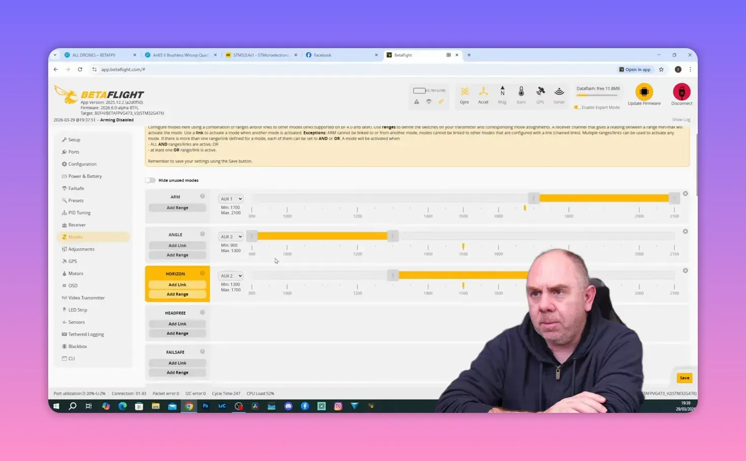 Betaflight Modes page showing default Arm, Angle, Horizon, Beeper, and Turtle mode assignments for BetaFPV Air65 II
