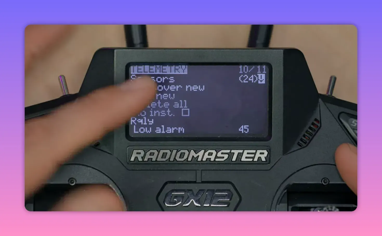 Radiomaster EdgeTX telemetry screen displaying Sensors page with no GPS fields populated yet
