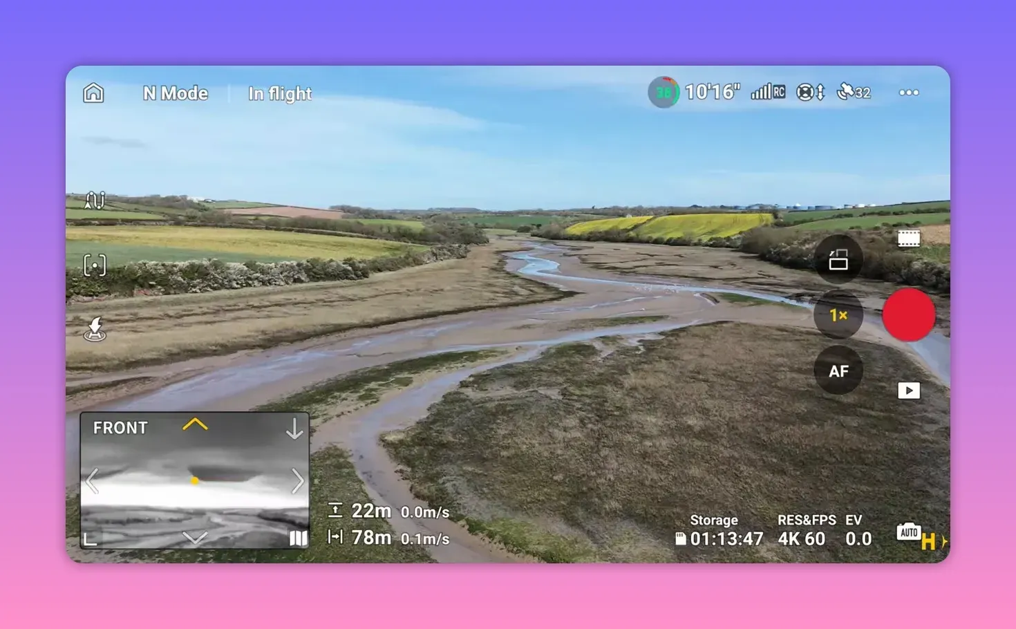DJI RC2 live view screen showing the Lito X1 front sensing feed over a field in N mode