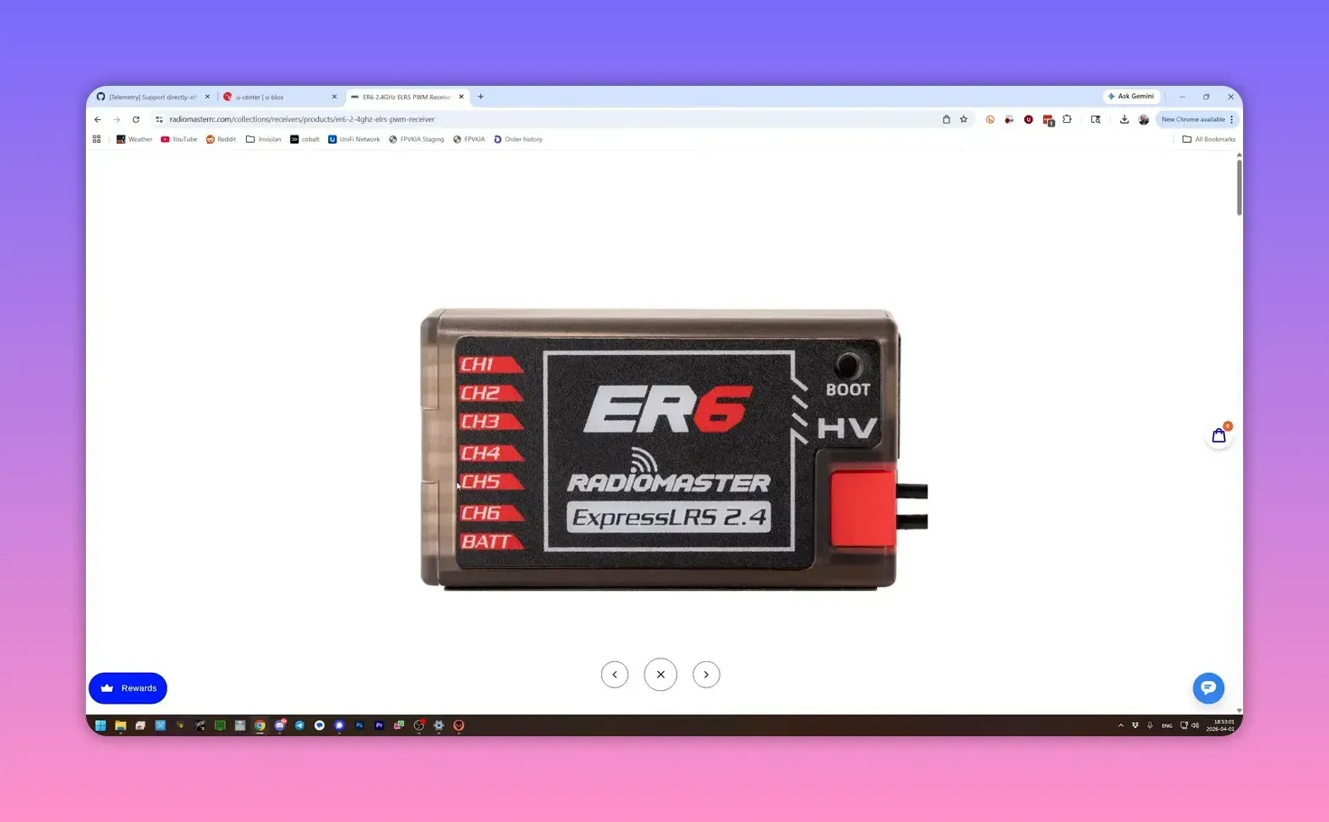 Screenshot of ERS ExpressLRS 2.4 GHz PWM receiver labeled with CH1–CH6 and boot pins