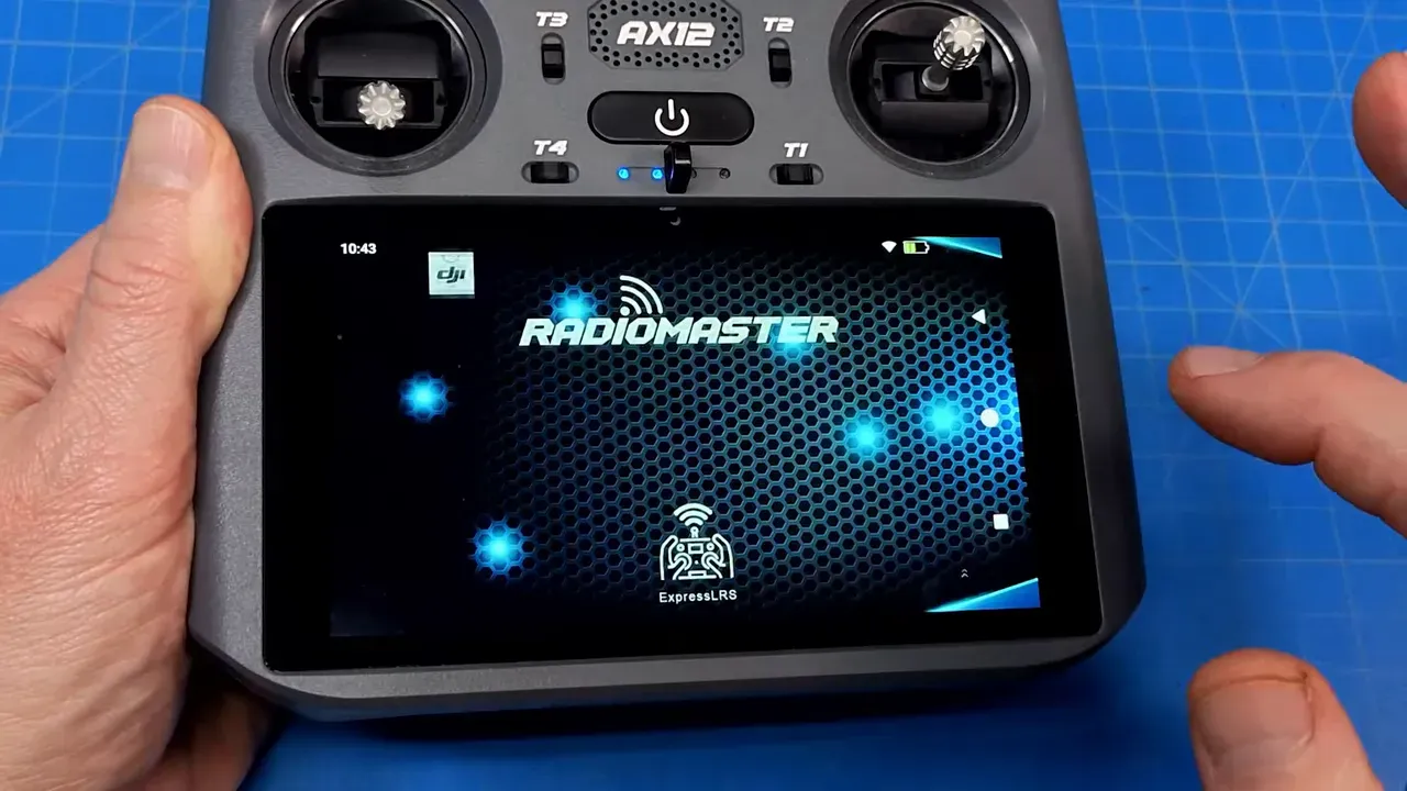 Close-up of the RadioMaster AX12 tablet display showing the RadioMaster boot screen