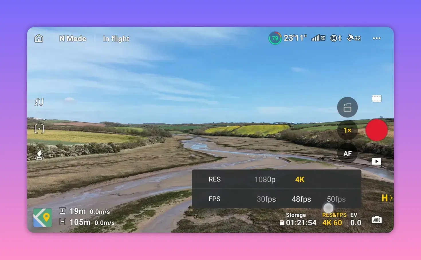 DJI RC2 live view overlay showing DJI Lito X1 video resolution and FPS options in flight