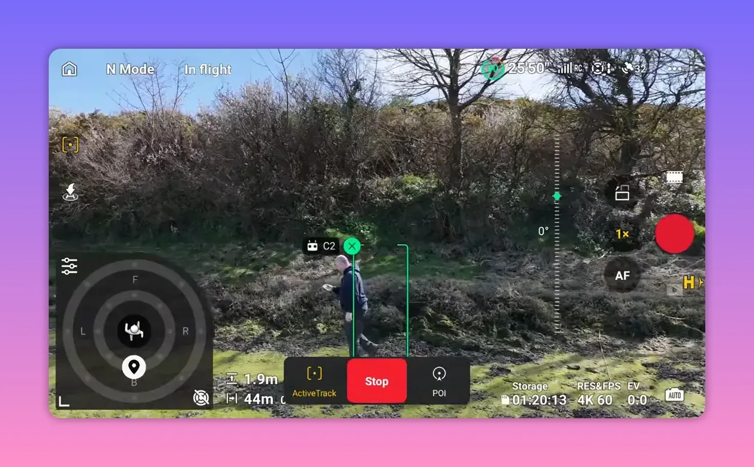 DJI RC2 controller live view in N Mode showing obstacle sensing with ActiveTrack subject box and Stop action