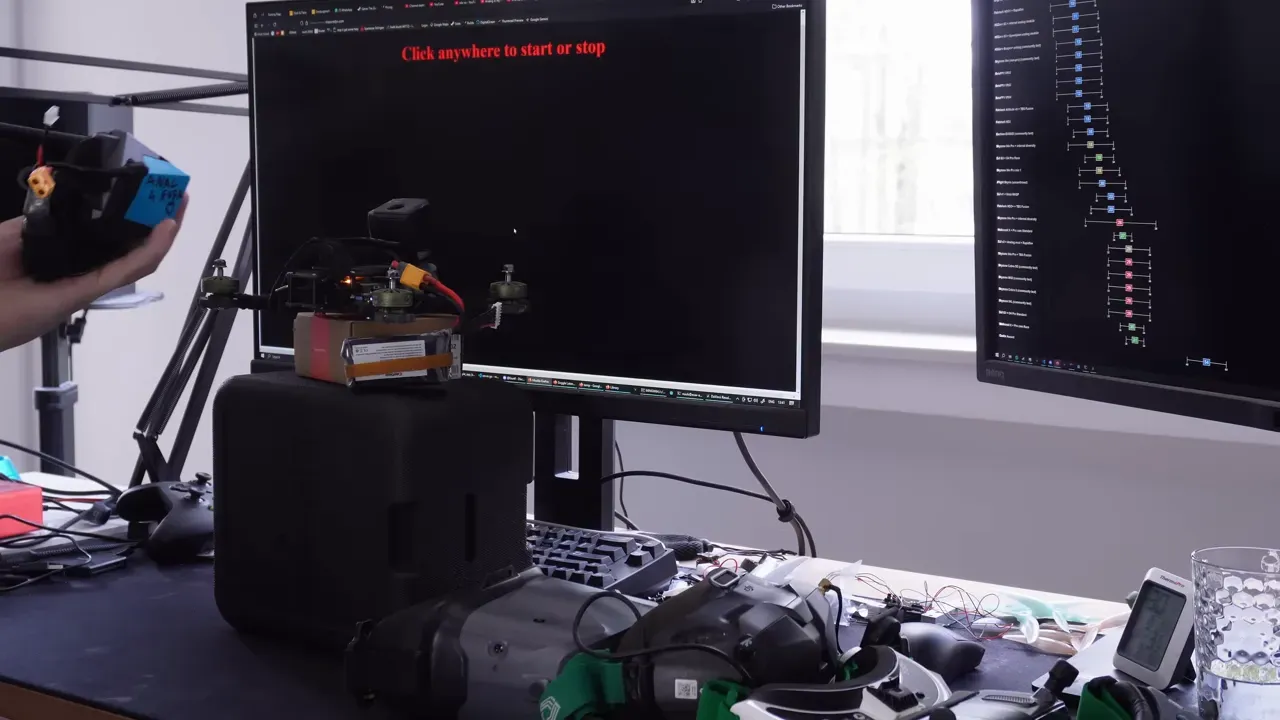 FPV latency test setup showing a monitor and an FPV headset view with on-screen cursor timing