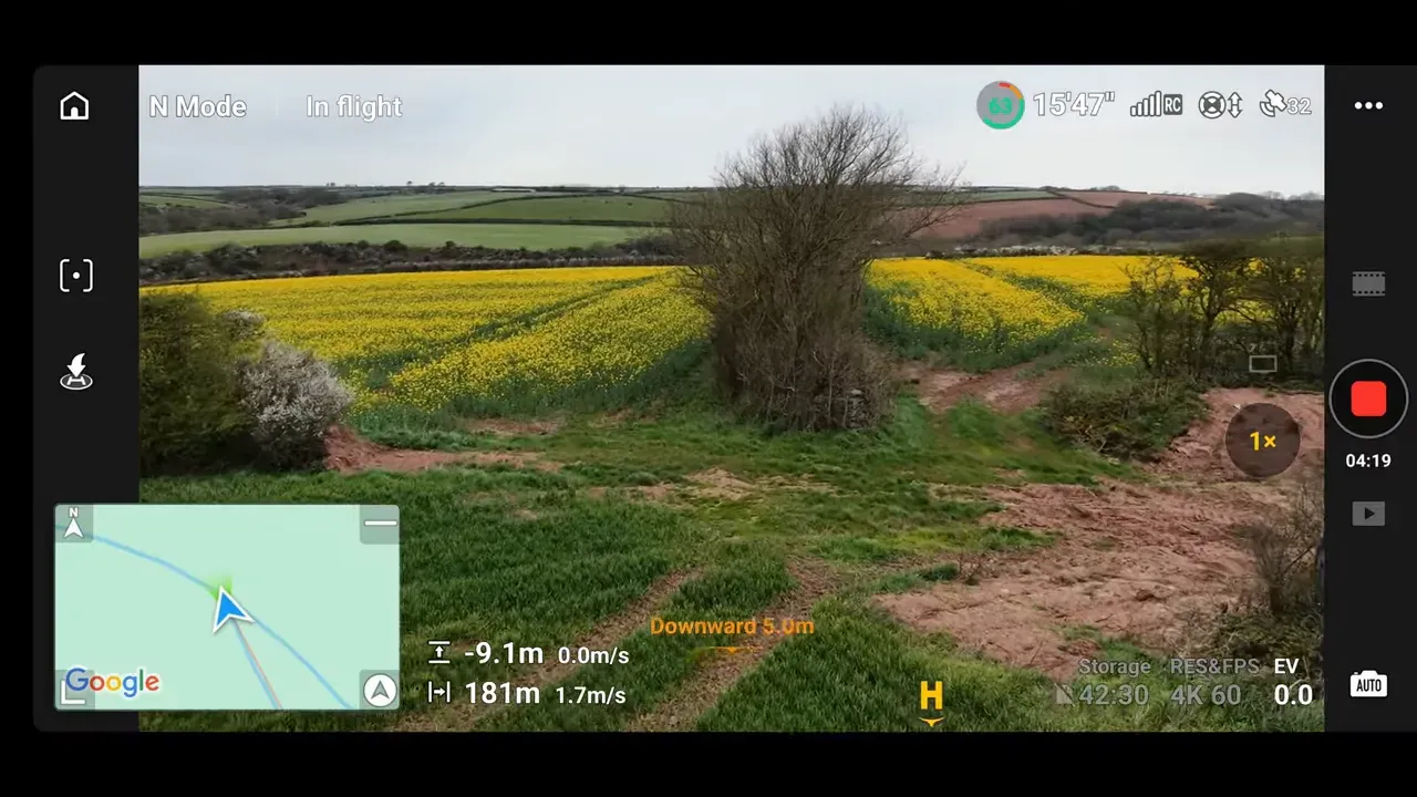 DJI Lito 1 Fly app obstacle sensing view with stitched camera feed and flight telemetry