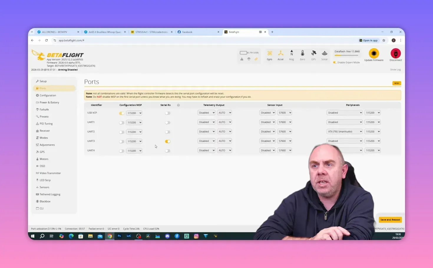 Betaflight Ports configuration screen showing serial RX and UART port settings for BetaFPV Air65 II