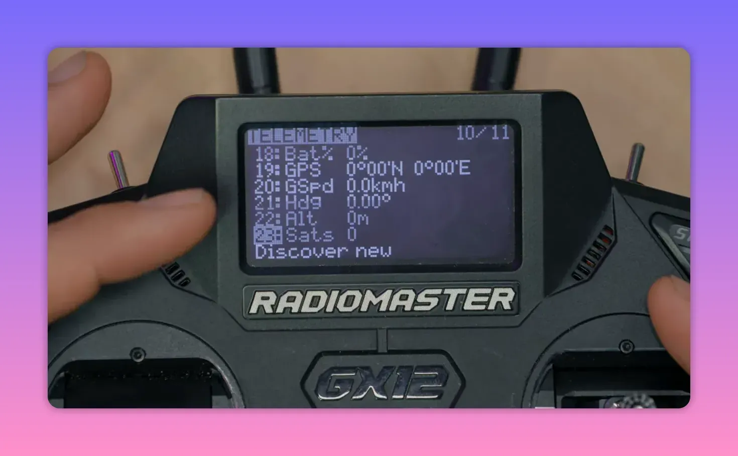 Radiomaster transmitter display in EdgeTX showing GPS telemetry fields during discovery
