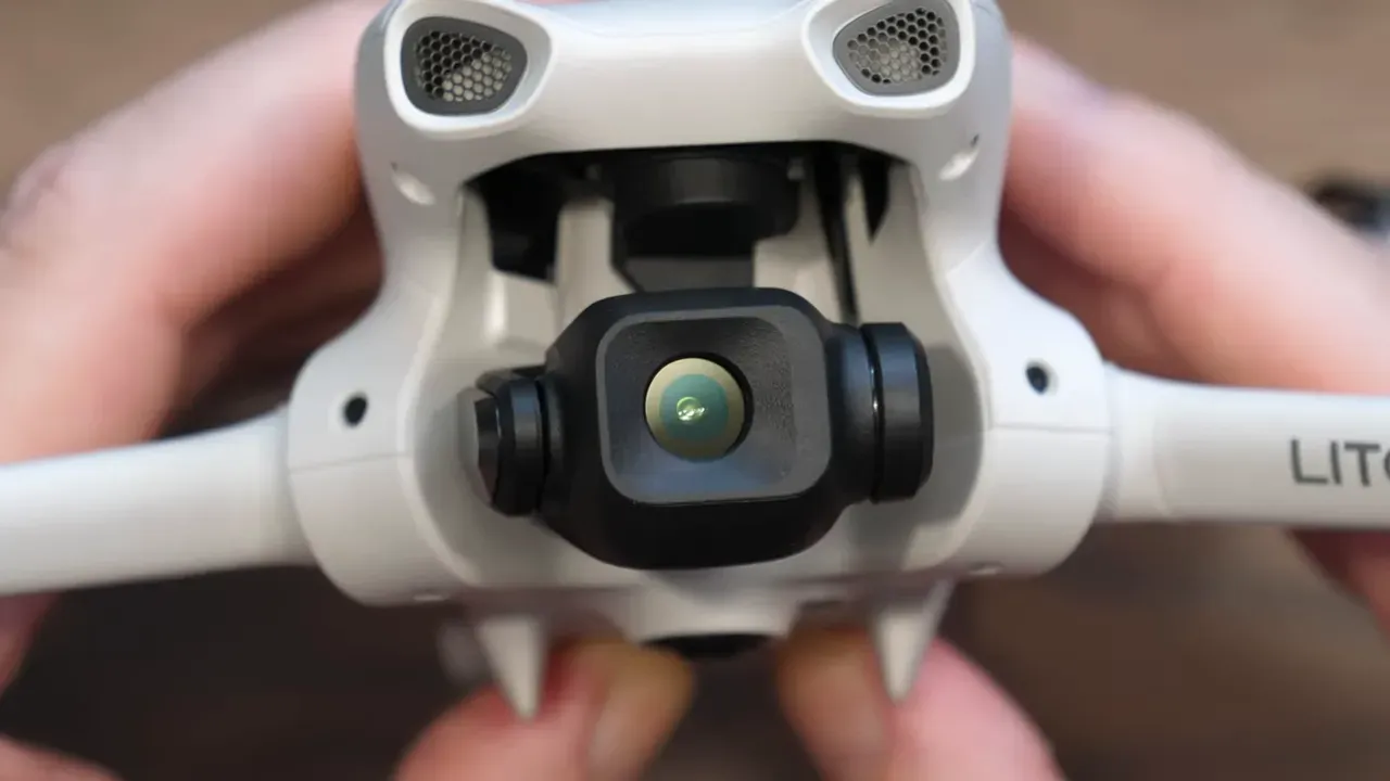 Close-up of the DJI Lito 1 camera and sensing module with the drone held in hands