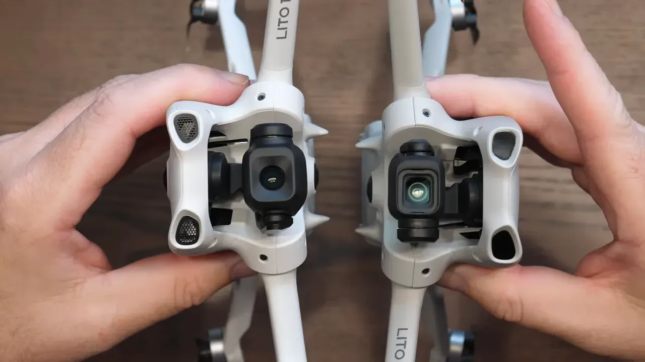 DJI Lito 1 and DJI Lito X1 drones held side-by-side showing the front camera and sensing areas