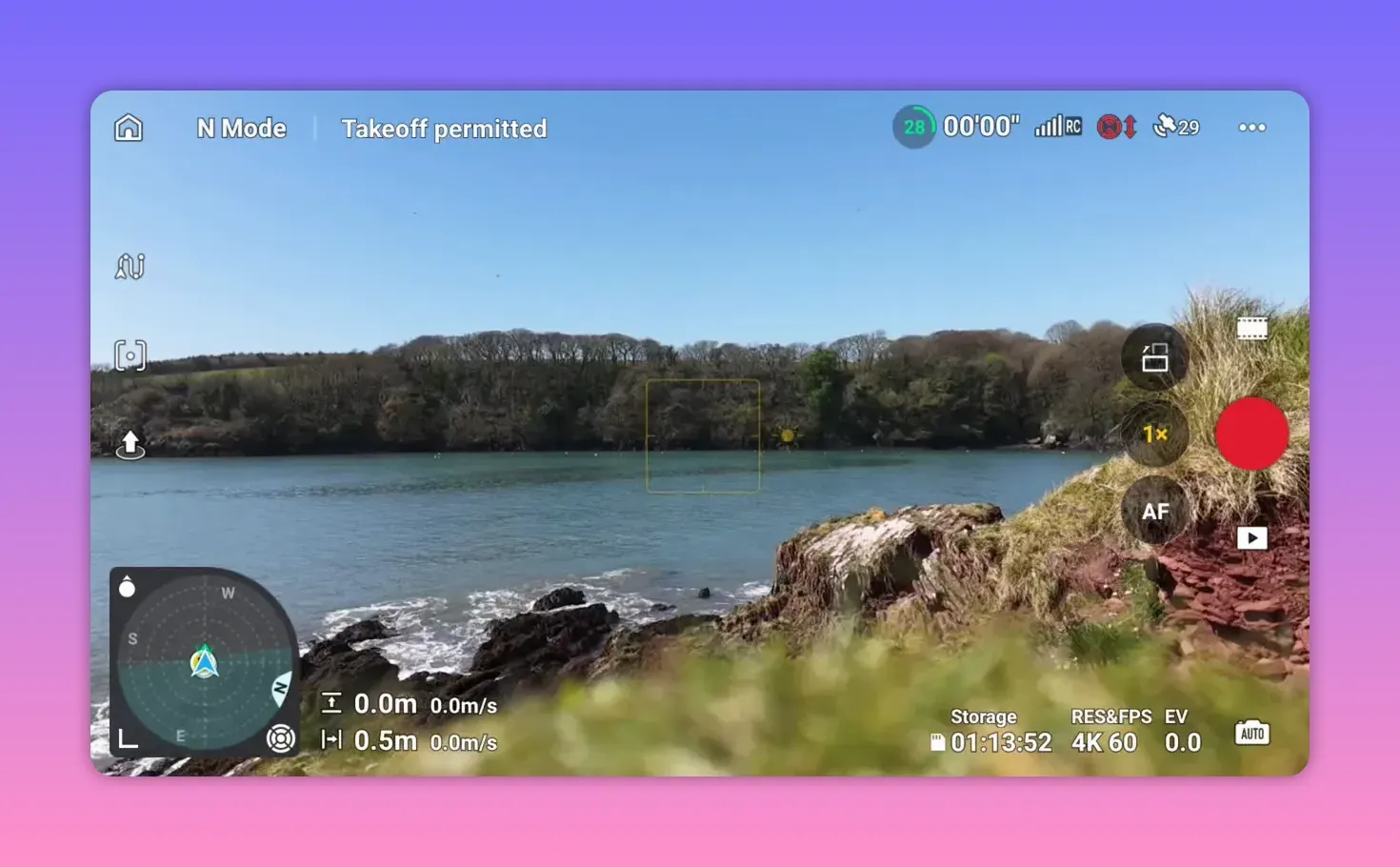 DJI Lito X1 controller screen showing live view with an on-screen subject box for camera framing