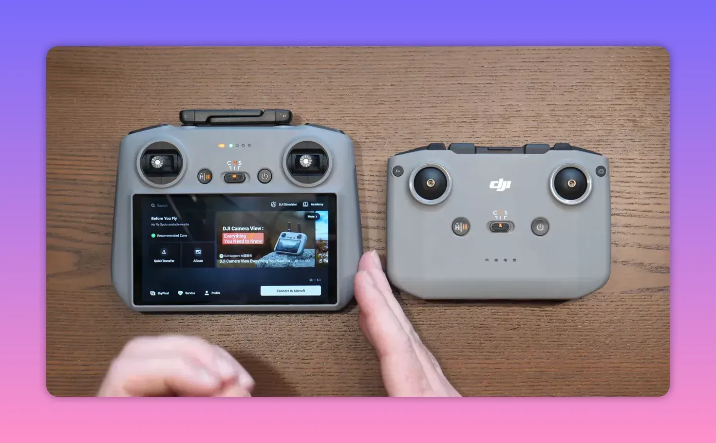 DJI RC2 controller with screen turned on showing DJI Camera View interface