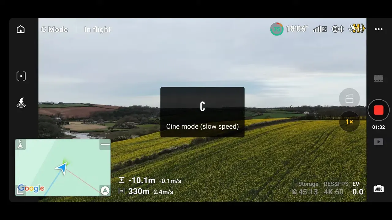 DJI Lito 1 Fly app in Cine mode showing slow speed setting and flight telemetry over farmland