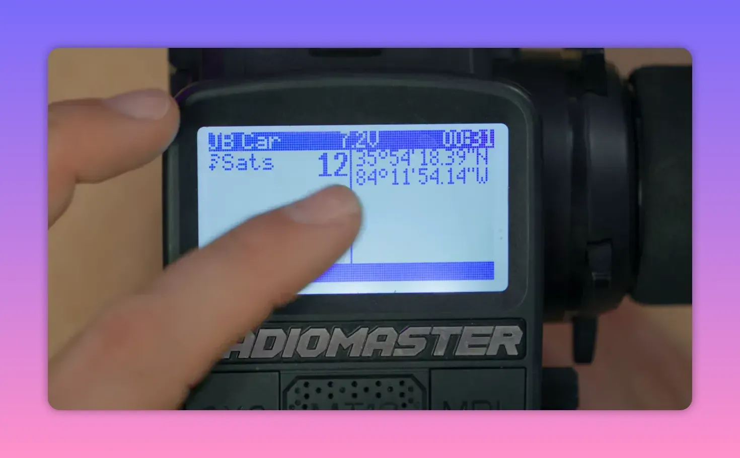 Radiomaster EdgeTX telemetry page showing Nums display with Sats and GPS fields for ELRS GPS tracking