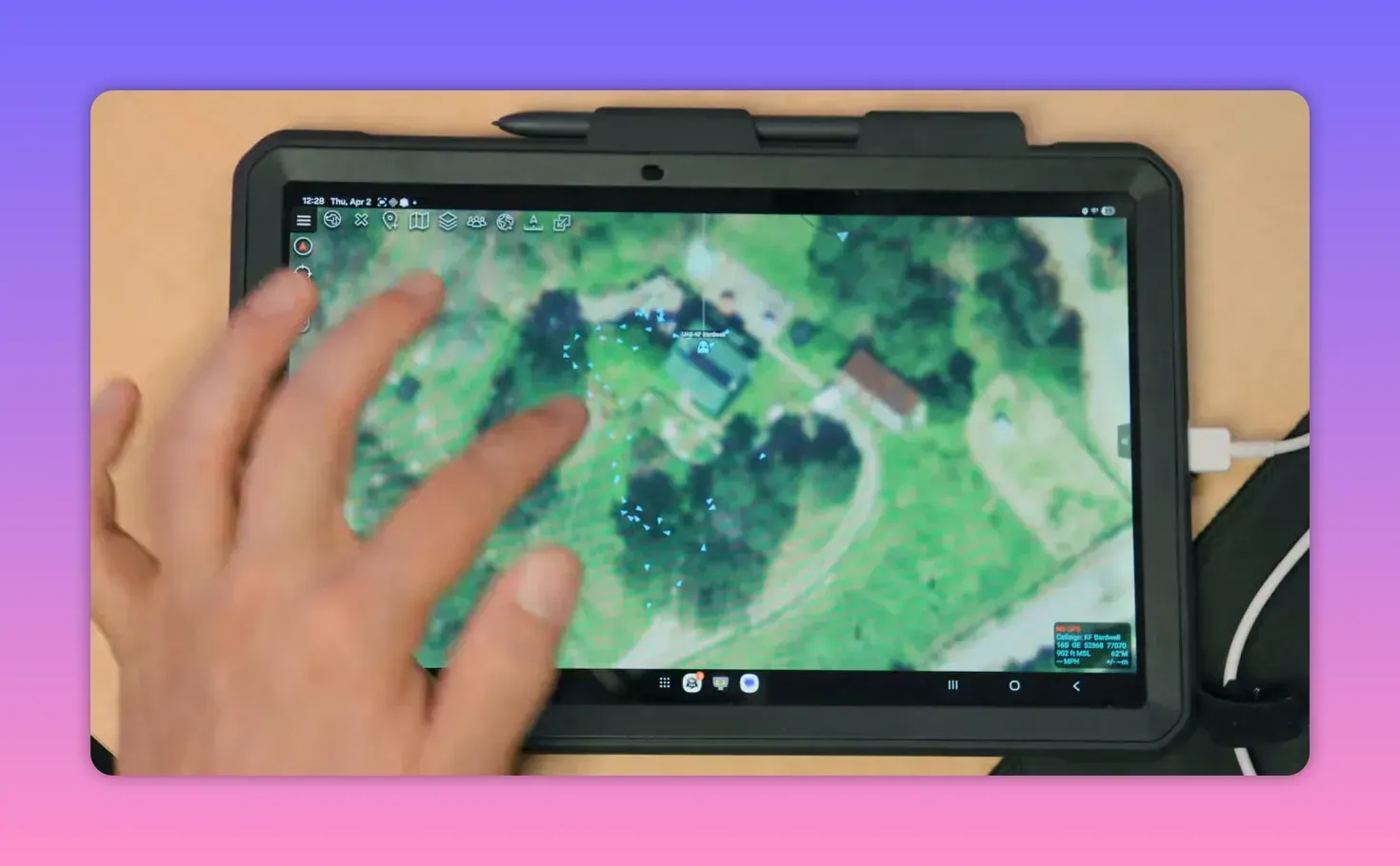 Tablet screen showing a map view with GPS/telemetry information coming from an ExpressLRS setup