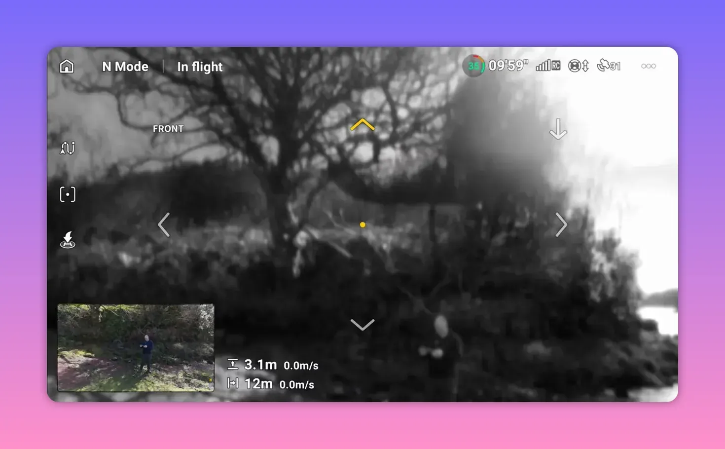 DJI RC2 live view screen showing DJI Lito X1 front sensing feed in N mode through trees