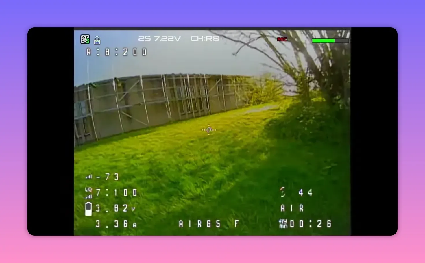 Analogue FPV recording from the BetaFPV Air65 II showing HUD overlay and CH: R8 during flight along a fenced path