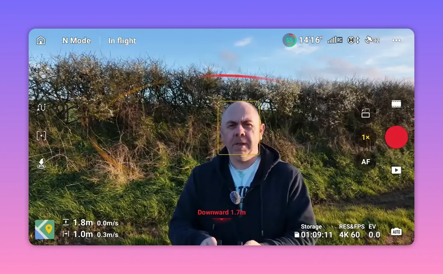DJI Lito X1 controller live view showing Mads framed during obstacle sensing test
