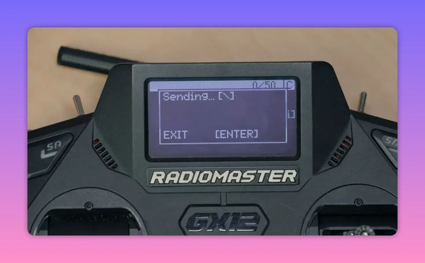 Radiomaster radio display showing “Sending…” during ELRS Wi‑Fi connection setup