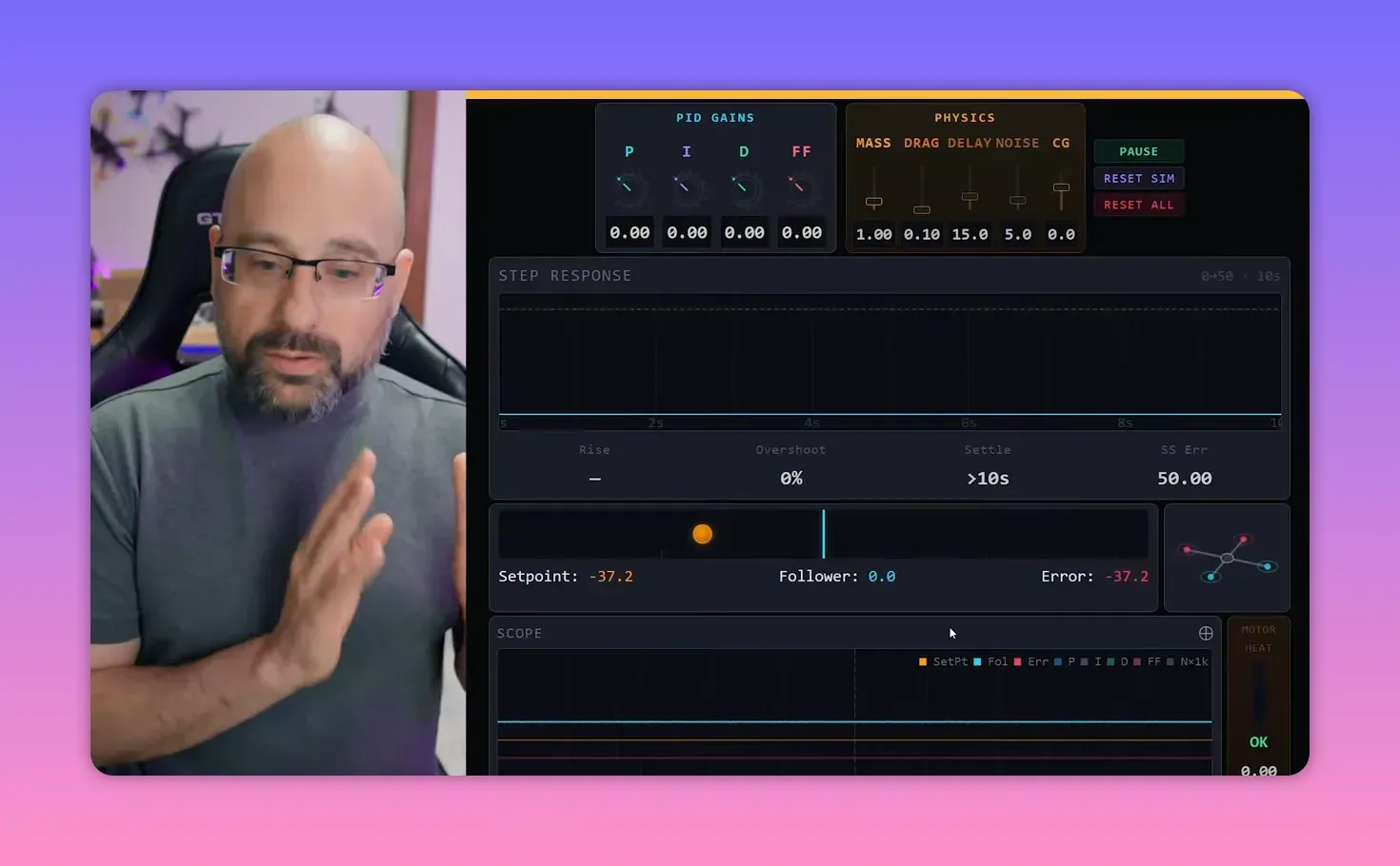 PID controller simulator paused showing setpoint, follower and error values with step response graph and scope traces