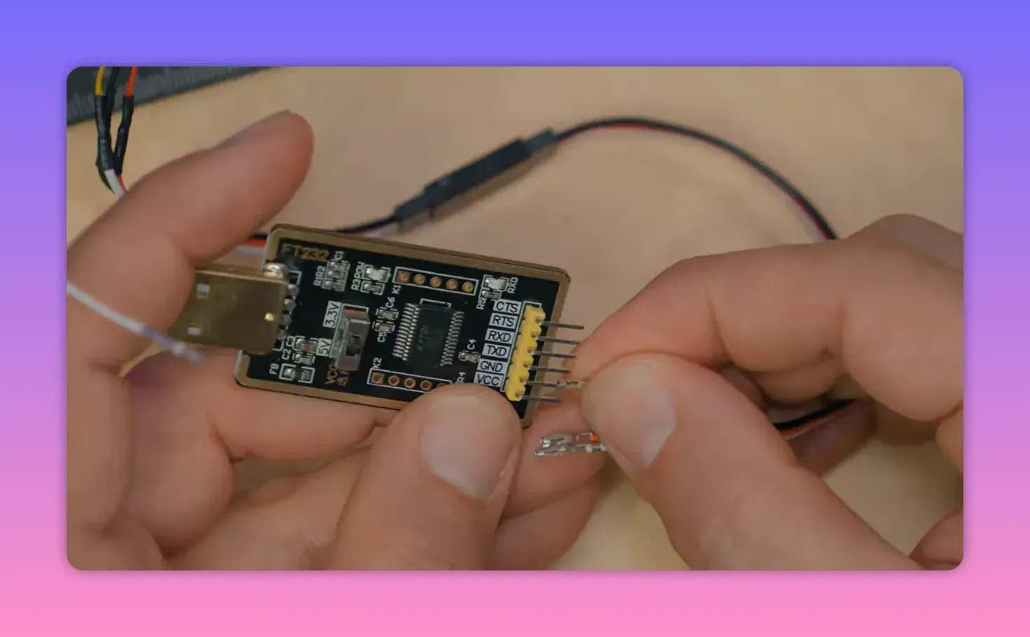 Close-up of wiring GPS module connections to an FTDI adapter pins for u-center configuration