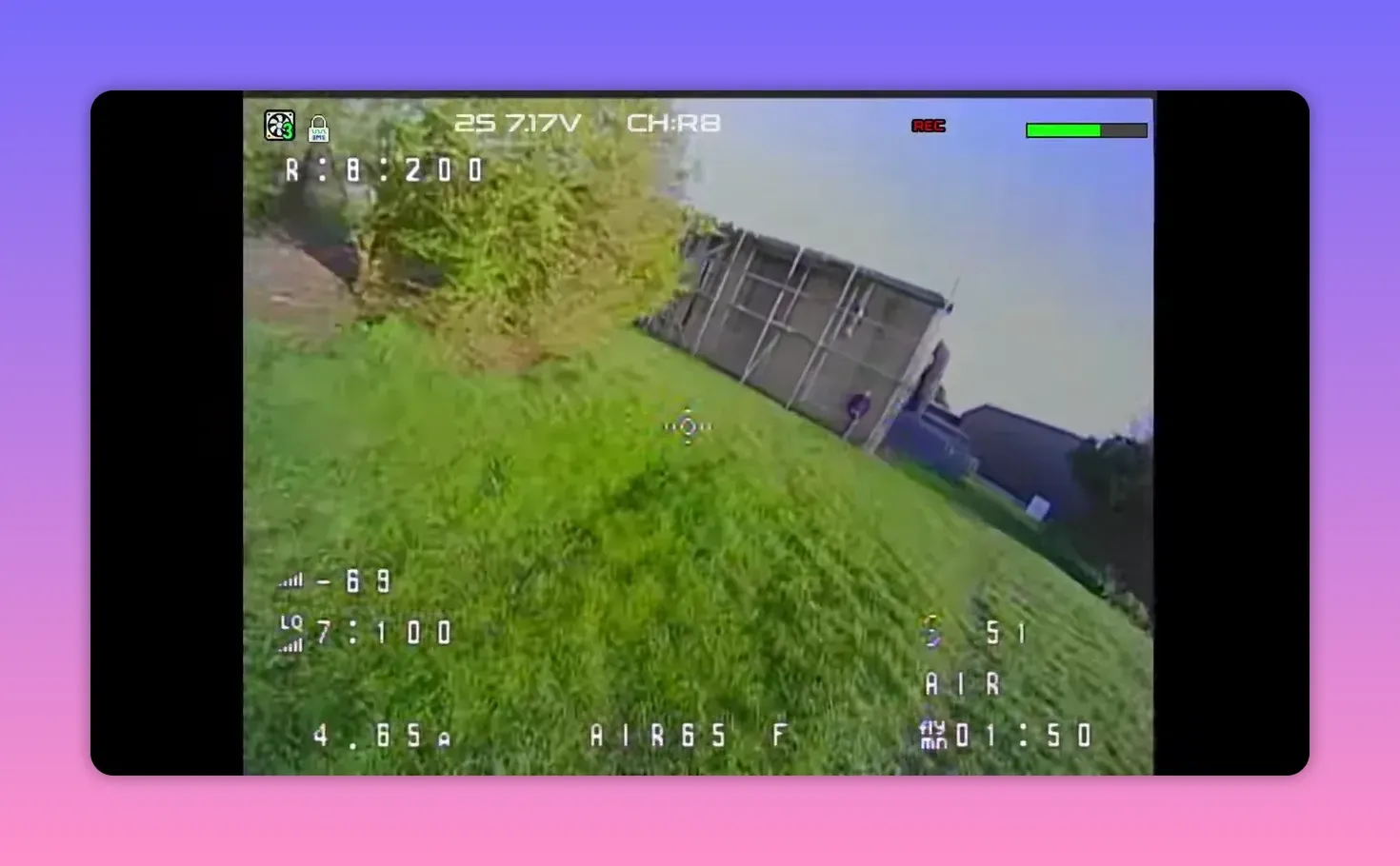Analogue FPV HUD view from the BetaFPV Air65 II freestyle flying on CH R8 near a fence