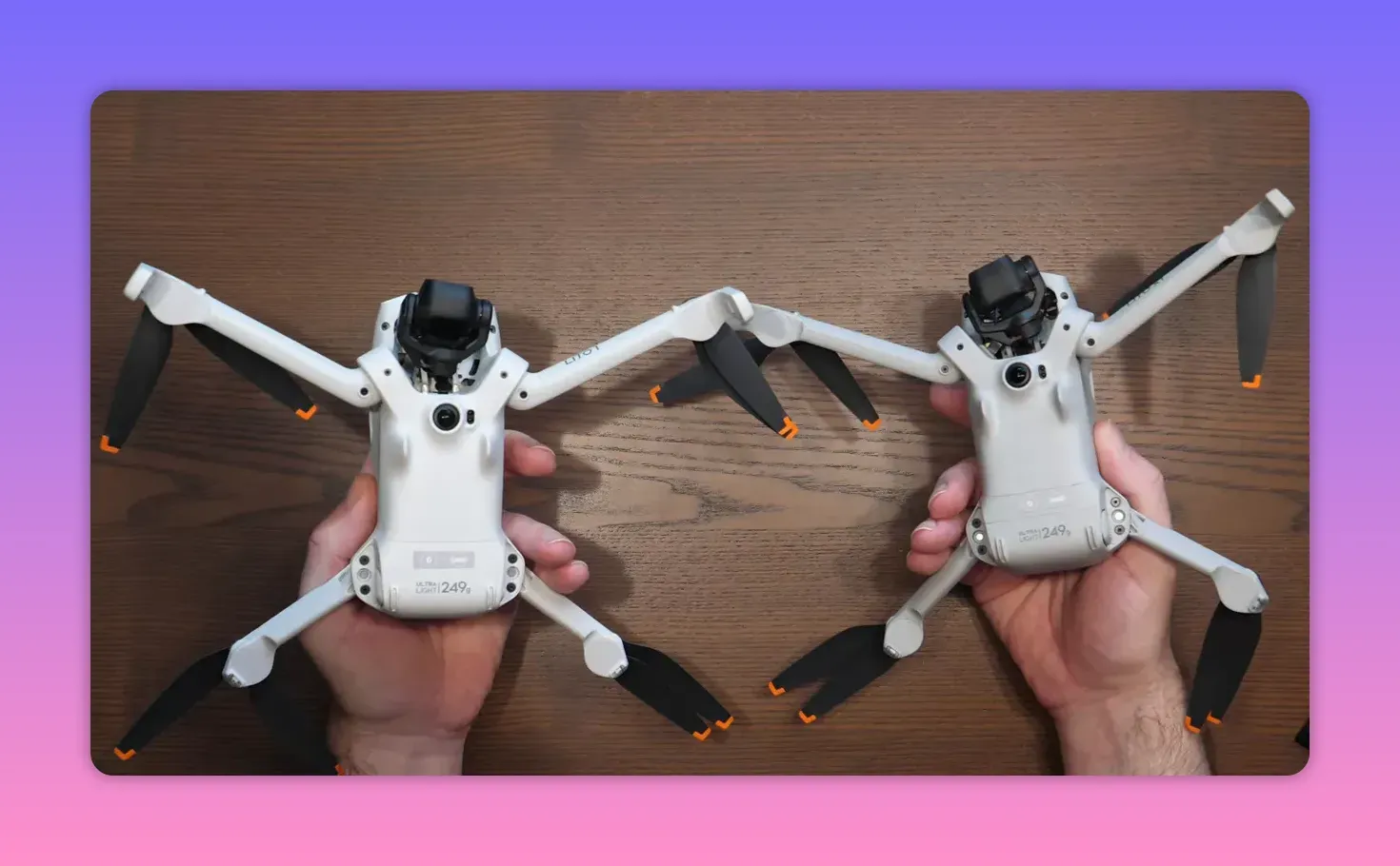 Two DJI Lito drones held side-by-side from above showing front camera and sensor modules